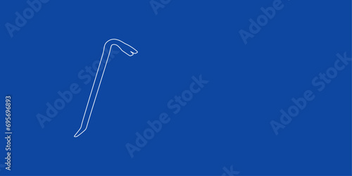A large white outline crowbar symbol on the left. Designed as thin white lines. Vector illustration on blue background
