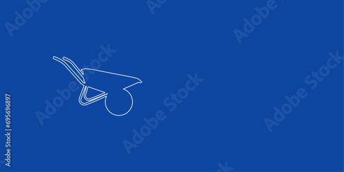 A large white outline garden wheelbarrow symbol on the left. Designed as thin white lines. Vector illustration on blue background