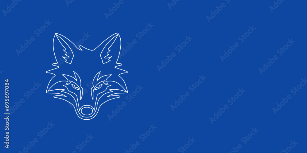 A large white outline fox's head symbol on the left. Designed as thin white lines. Vector illustration on blue background A large white outline fox's head symbol on the left. Designed as thin white lines. Vector illustration on blue background
