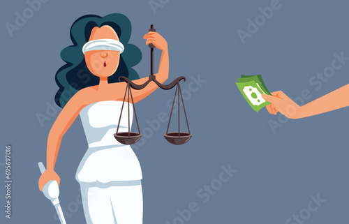 Justice Lady Taking Bribe Money Corruption Concept Illustration. Unfair justice system being blindfolded and corrupt 
