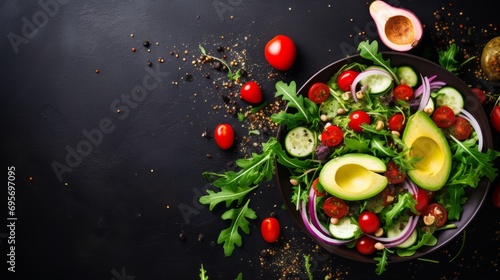 fresh and vibrant vegan salad bowl with tomatoes, avocado, arugula, radish, and seeds - nutritious plant-based menu. flat lay composition for healthy eating