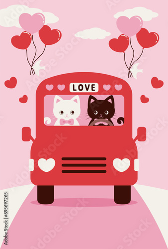 valentine or wedding vector background with cats on a city bus with hearts for banners  cards  flyers  social media wallpapers  etc.