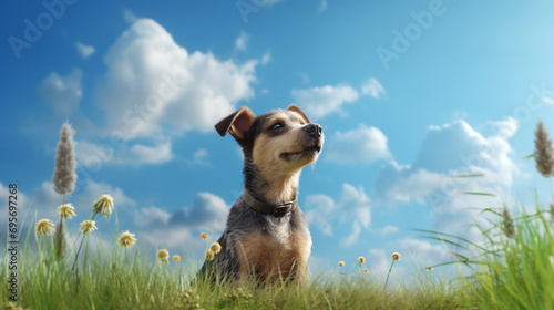 Domestic dog enjoying nature on grass and cloudy blue. Generative AI photo