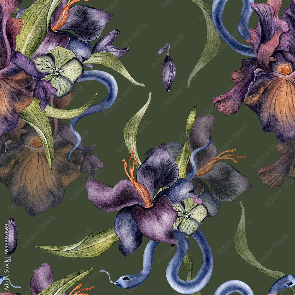 Seamless pattern with watercolor dark iris flower and snake isolated on ...