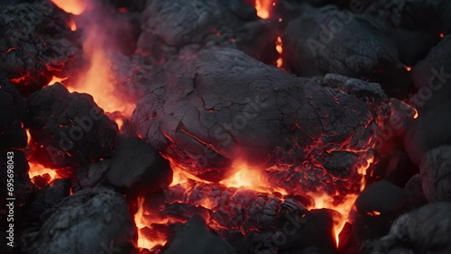 Burning embers tered a fresh black lava rock on the ground. photo