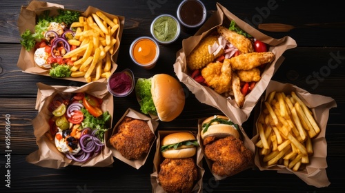 delicious fast food: hamburger in takeaway container on wooden background - food delivery concept photo