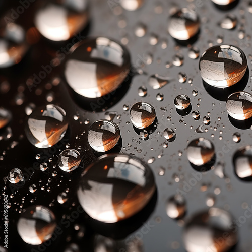 Water drops on a shiny black surface