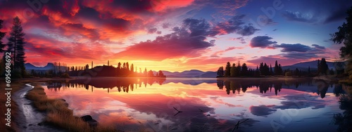 Panorama of beautiful sunrise over lake