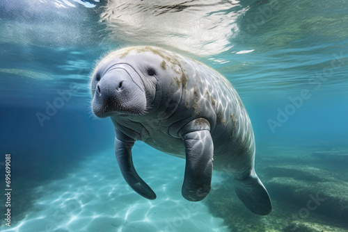 Manatee gliding gracefully through the tranquil waters of a lush aquatic haven © Venka