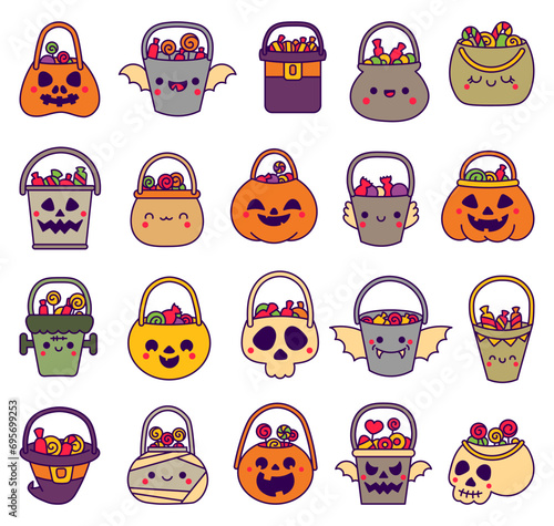 Halloween kawaii candy bucket. Sweets for children in cute pumpkin bag, bowler hat. Hand drawn style. Vector drawing. Collection of design elements.