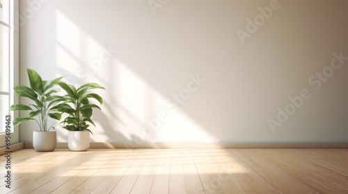Empty room of modern contemporary loft with plants on wooden floor  