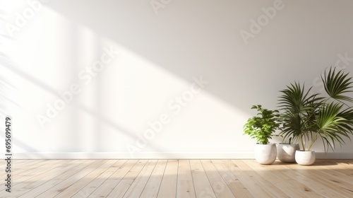 Empty room of modern contemporary loft with plants on wooden floor  