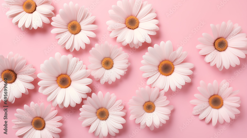 chamomile flowers on a pink background, top view, spring background chamomile flowers on a pink background, top view, spring background