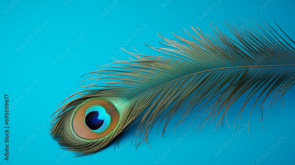Obraz premium peacock feather on pale blue background