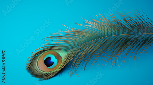 peacock feather on pale blue background