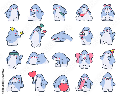 Cute kawaii shark. Cartoon funny underwater marine animals character. Hand drawn style. Vector drawing. Collection of design elements.