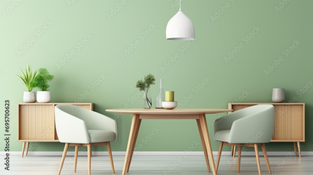 Fototapeta premium Mint color chairs at round wooden dining table in room with sofa and cabinet 