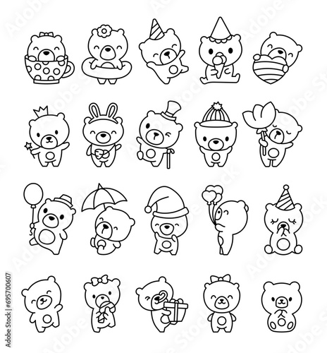 Cute kawaii teddy bear. Coloring Page. Cartoon funny animals character. Hand drawn style. Vector drawing. Collection of design elements.