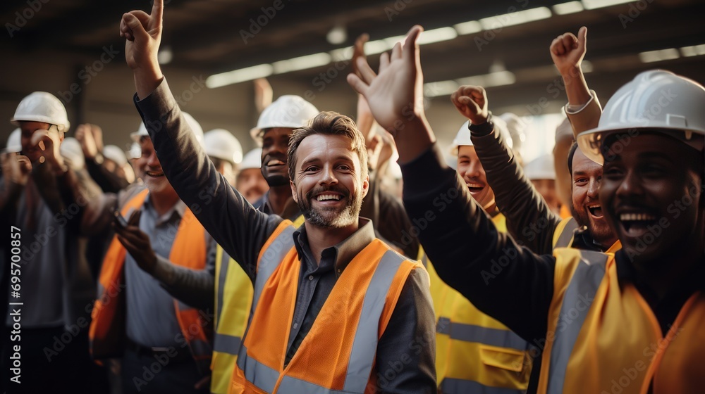 a Workers or businessmen raising their hands in joy,  - obrazy, fototapety, plakaty 