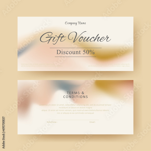 Gift voucher. Coupon template with pastel color gradient decoration. elegant aesthetic design. good for boutique, jewelry, floral shop, beauty salon, spa, fashion, flyer, banner design.