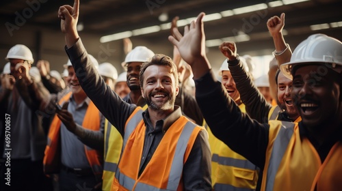 a Workers or businessmen raising their hands in joy,  photo
