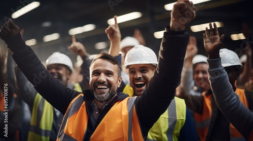 a Workers or businessmen raising their hands in joy, 