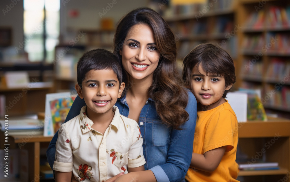 young indian female teacher with little students young indian female teacher with little students