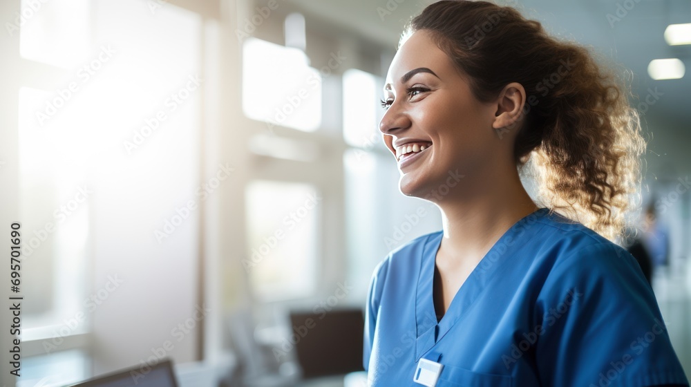 Fototapeta premium Side view of Smiling young nurse in a hospital,