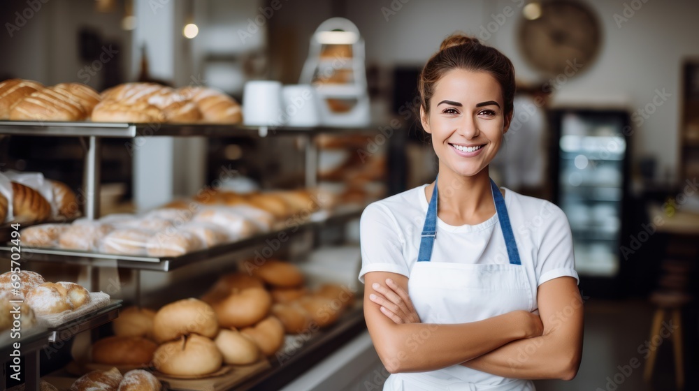 beautiful woman smiling at the camera with bakery shop 