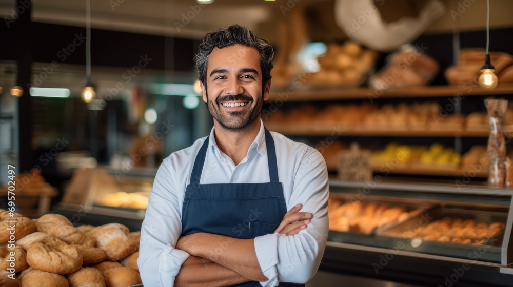 business owner smiling at the camera with bakery shop background, business owner smiling at the camera with bakery shop background,