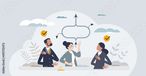 Mediation session and redirecting conversation progress tiny person concept. Communication professional and psychologist support for effective negotiation and arguments listening vector illustration.