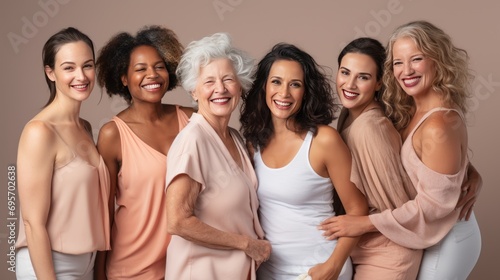 Cheerful women of different body types and ages standing together 