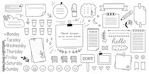 Set of hand drawn bullet journal elements. Doodle style doodles. Vector illustration