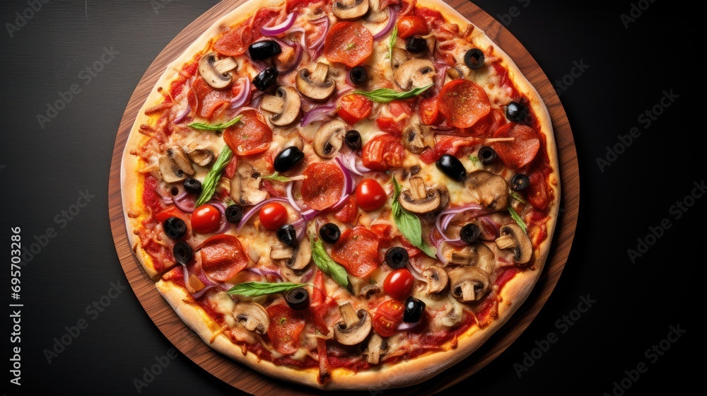 Closeup pizza with pepperoni , mushrooms 