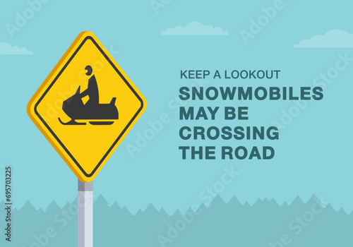 Safe driving tips and traffic regulation rules. Close-up of United States "Snowmobiles may be crossing the road" sign. Flat vector illustration template.