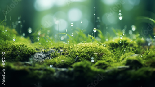 Forest background. Dew drops on grass and moss