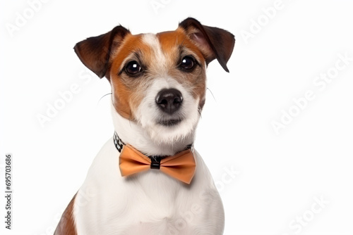 a dog with a bow tie sitting on a table