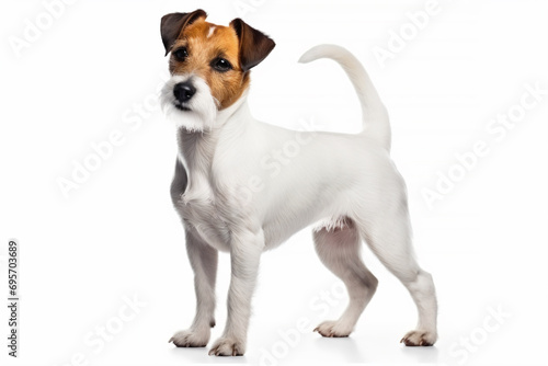 a small white and brown dog standing on a white surface
