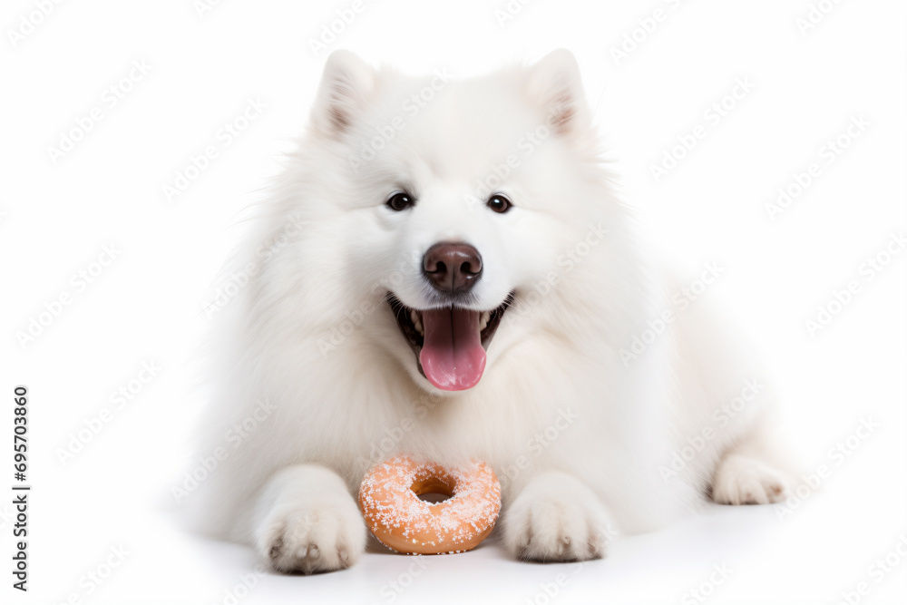 a white dog with a donut in its mouth