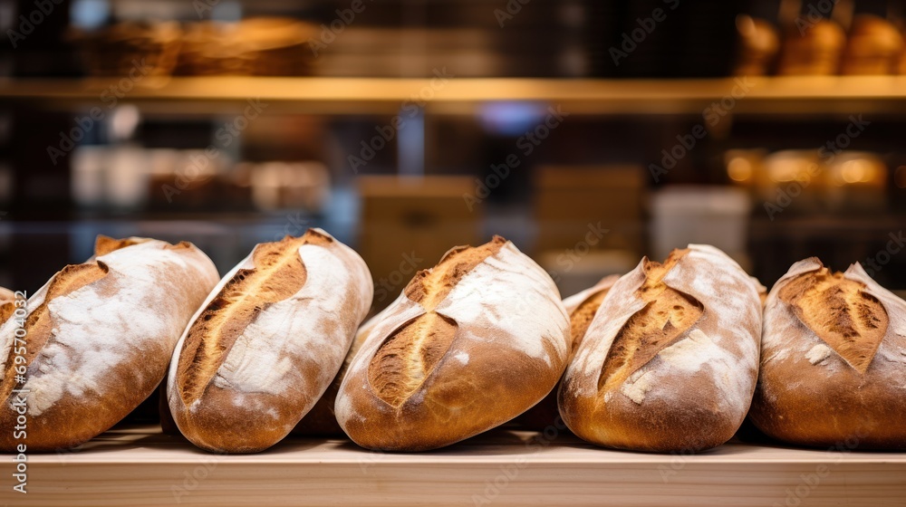Loaf of fresh baked bread on a shelf. Loaves of bread market showcase, Loaf of fresh baked bread on a shelf. Loaves of bread market showcase,