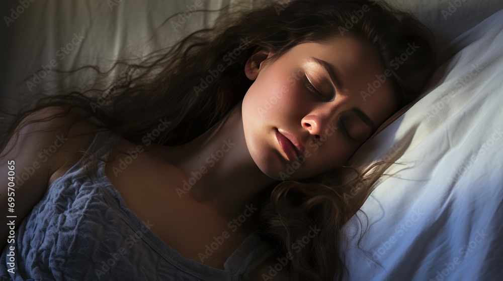 Photo of sleeping young woman lies in bed with eyes closed., Photo of sleeping young woman lies in bed with eyes closed.,