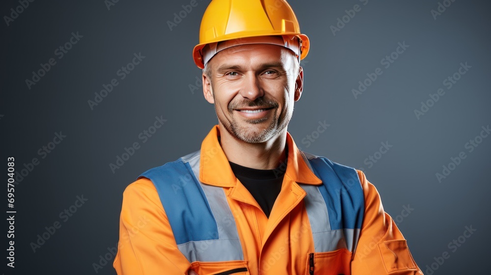 A construction worker in a yellow hardhat smiles confidently A construction worker in a yellow hardhat smiles confidently