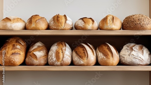 Loaf of fresh baked bread on a shelf. Loaves of bread market showcase,