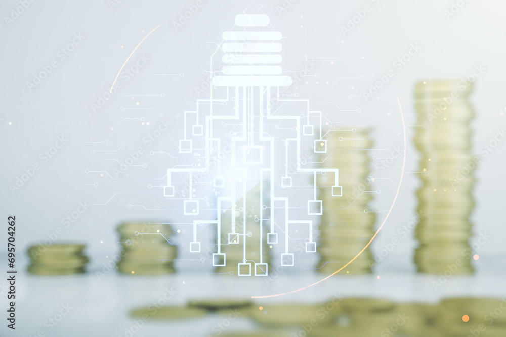 Virtual creative light bulb illustration with microcircuit on coins background, future technology concept. Multiexposure Virtual creative light bulb illustration with microcircuit on coins background, future technology concept. Multiexposure