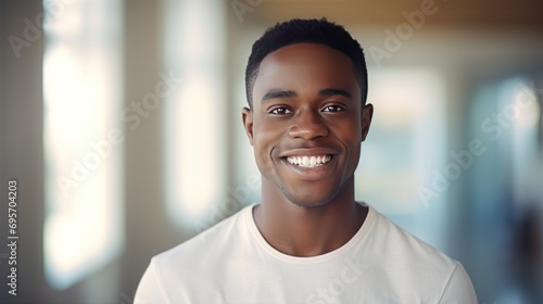 Portrait of delighted African American male with positive smile, 