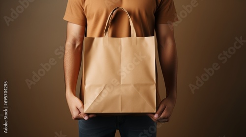 Efficient food delivery: smiling male courier holds fresh grocery bag for express order