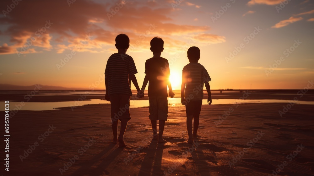Silhouette boys hold hand together ,during sunset 
