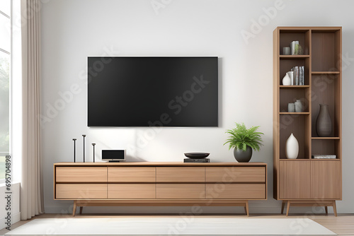 TV on cabinet in modern living room on white wall background, 3d rendering.