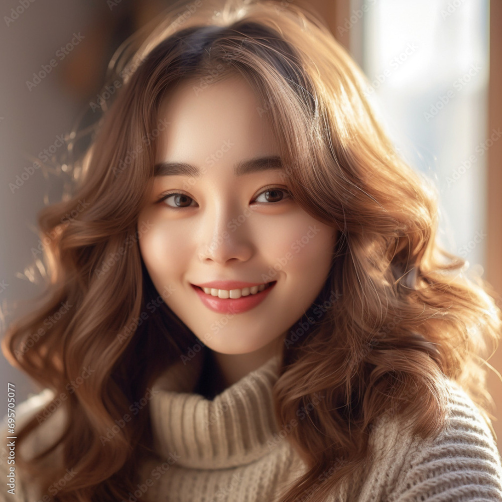 Naklejka premium [salon kei],a girl with soft light brown hair is photograph, in the style of realistic hyper-detailed photograph [background city weather fine autumn],natural makeup,[hyper-realistic skin texture]