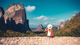 The Meteora in Greece, Traveler woman concept